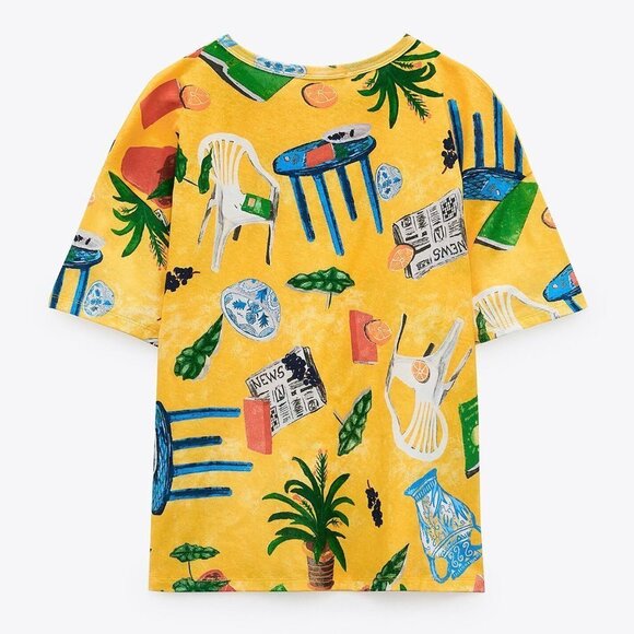 Zara Patio Chair House Plant Printed Short Sleeve Round Neck T-Shirt Women's Med - Picture 1 of 7